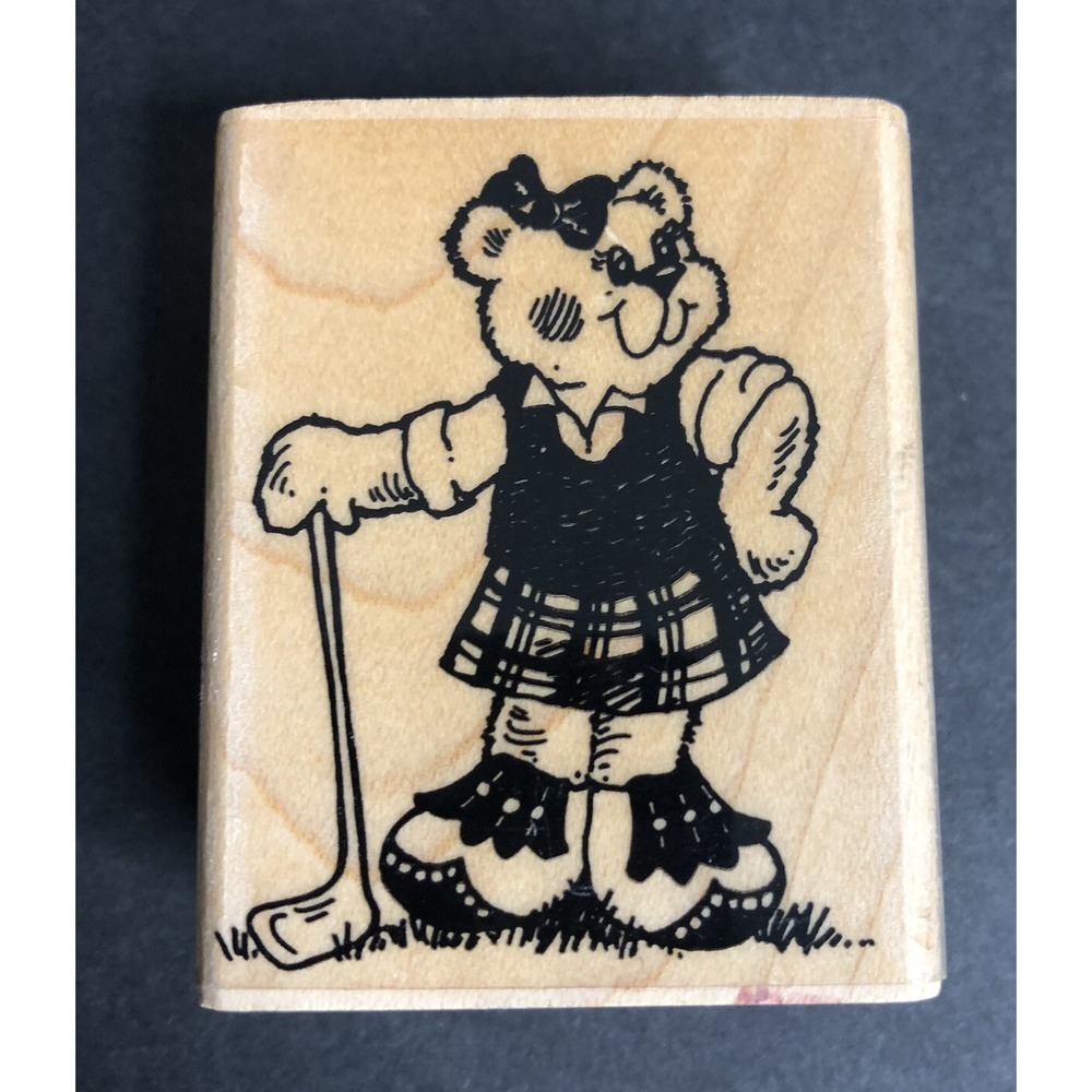 Stampendous Rubber Stamp Golf Pro Bear with Golf Club Golfing Wood Mounted E97
